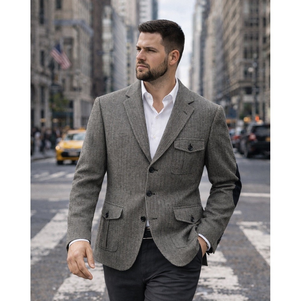 Tasso Elba Men's Gray Herringbone Wool Blend Blazer Coat Elbow Patches L 42-44